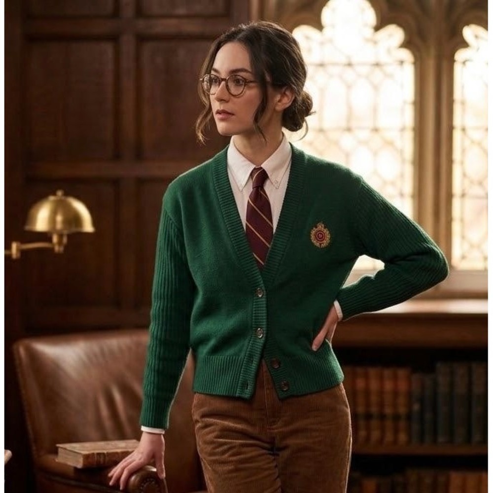 VTG Lizsport Cardigan Sweater Women Small Green Crest Patch Ribbed Cotton V-Neck